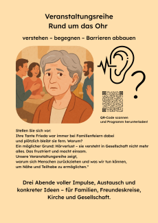 Der selbe Text wie im Artikel steht auf dem Flyer. In der oberen Hälfte des Flyers ist ein Ohr mit einem Pegel-Symbolbild sowie eine ältere Person vor einer Personengruppe abgebildet. 