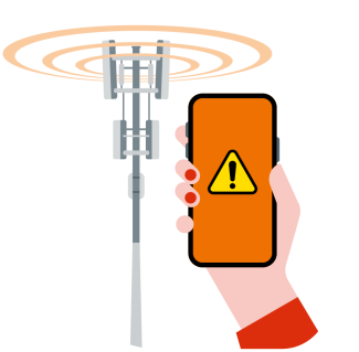 Ein akustischer Signalsendemast sendet das Warnsignal an ein Smartphone, welches in einer Hand gehalten wird. Auf dem Display erscheint ein Warndreieck mit Ausrufezeichen.