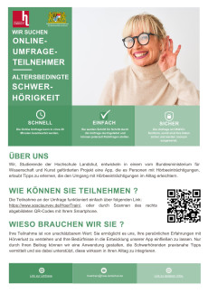 Oben rechts ist eine Frau mittleren Alters zu sehen. Sie trägt eine dicke, schwarze Brille, lächelt und hält sich eine Hand hinter das Ohr. Um das Bild herum ist Text drapiert. 