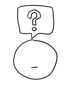 Strichzeichnung eines Gesichts ohne Augen, darüber Sprechblase mit Fragezeichen