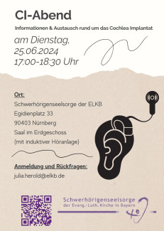 Einladungflyer: CI-Abend am Dienstag, 25. Juni 2024. Im Flyer ist in der Farbe schwarz ein Ohr mit CI abgebildet. 