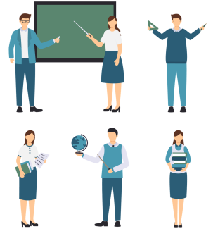 Sechs stilisierte Lehrkräfte in verschiedenen Posen: eine Lehrkraft mit kurzem Haar, Brille und mit einer Kreide vor einer Tafel sowie eine Lehrkraft mit langem Haar und einem Zeigestock vor der Tafel, eine Lehrkraft mit kurzem Haar und Geodreieck, eine Lehrkraft mit einem Globus und zwei Lehrkräfte mit langen Haaren mit je einem Stapel Bücher.