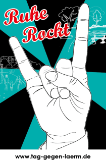 Das Motto "Ruhe rockt" steht in Lettern über einer Hand, welche zu einer Faust mit ausgestrecktem Zeigefinger und ausgestrecktem kleinen Finger gen Himmel zeigt, geschrieben