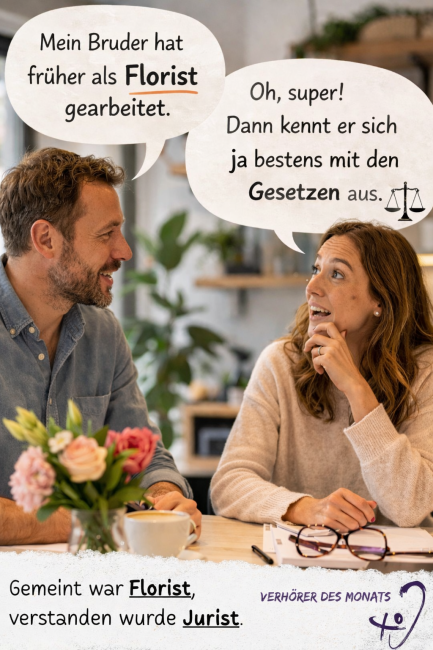 Ein Mann und eine Frau sitzen lächelnd in einem Café. Sprechblasen verdeutlichen ein akustisches Missverständnis: Er sagt, sein Bruder sei Florist gewesen; sie antwortet freudig, dass er sich dann ja bestens mit Gesetzen auskenne. Text unten klärt auf: Gemeint war Florist, verstanden wurde Jurist. In der Ecke steht „Verhörer des Monats“.